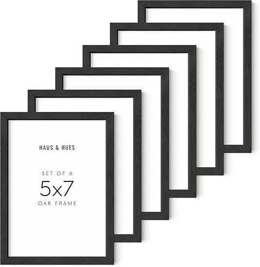 HAUS AND HUES Black Oak 5x7 Picture Frames - Set of 6, Contemporary Wood Frames for Gallery Wall, Black Frames for Photos and Artwork