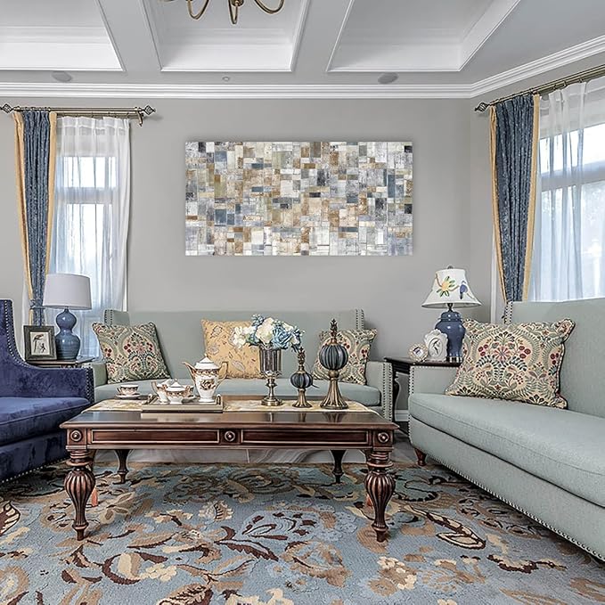 Large Abstract Canvas Wall Art for Living Room Wall Decor Geometric Patterns Canvas Prints Artwork Brown Grey Indigo Rectangle Canvas Pictures Home Office Wall Decorations Ready to Hang 24" X 48"