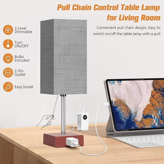 Bedside Table Lamp for Bedroom Nightstand, 3 Color Pull Chain Nightstand Lamps Set of 2 with AC Outlets, Square Gray Lampshade Bedside Lamp for Living Room, Office Desk, LED Bulb Included