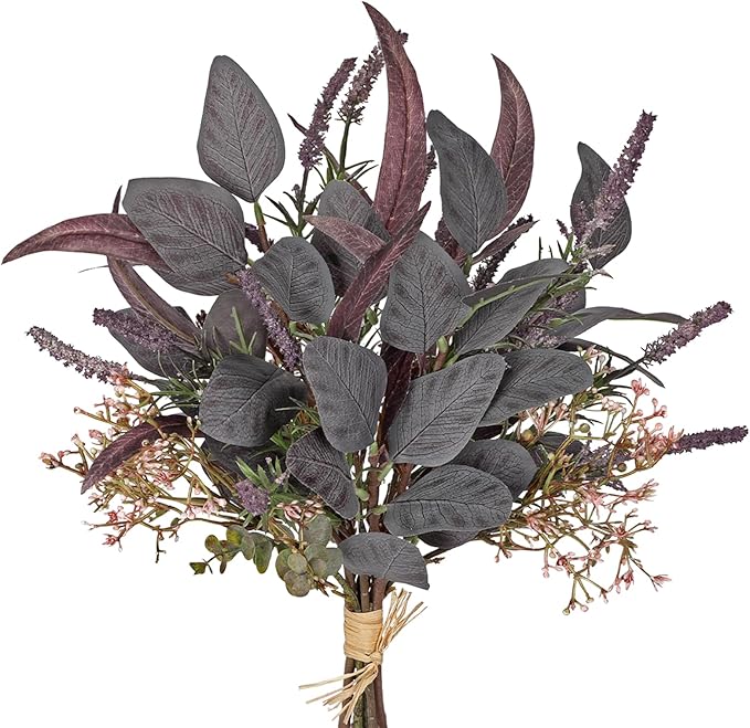 Fall Artificial Eucalyptus Bouquet with Purple Sage Leaves – Autumn Faux Greenery Bush with Raffia Wrap for Farmhouse, Kitchen, Table, and Seasonal Home Décor