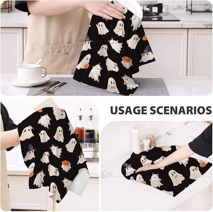 Halloween Kitchen Towels 16x24 Inch Black Cute Ghost Pumpkin Fall Decor Dish Towels Autumn Harvest Thanksgiving Decoration Hand Towel Absorbent Dish Cloths for Home Kitchen Dining Set of 2