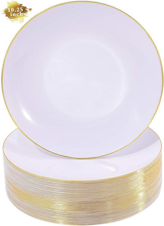 Nervure 100 Pieces Gold Plastic Plates - 10.25 inch Gold Dinner Plates - Heavyweight White and Gold Disposable Plates Ideal for Wedding & Party & Thanksgiving