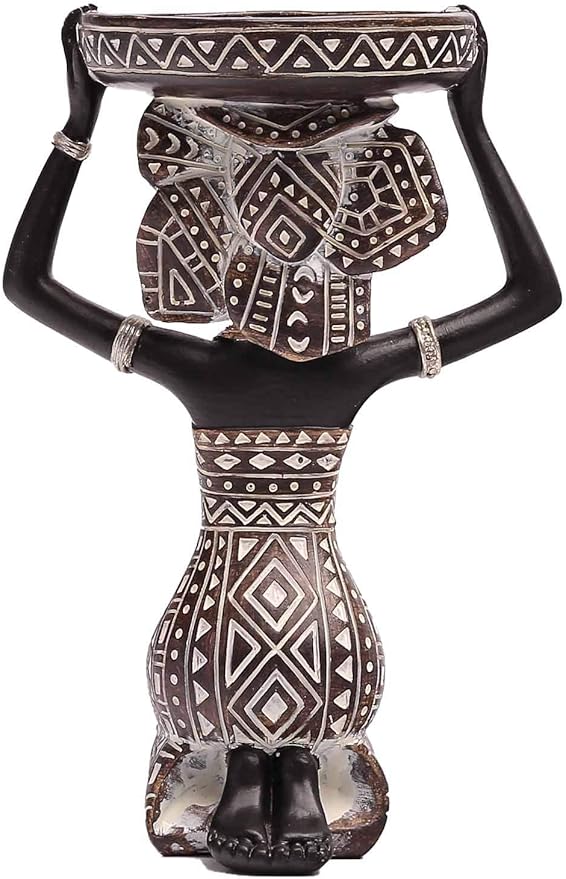 African Lady Figurine Candle Holder with African Tribal Totem for Wedding, Holiday Decor-African Decorative Women Statues, Candlestick Holder for Home and Table Decor(753-Brown)