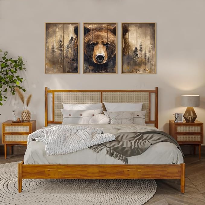 ANHUIB Brown Bear Wall Art 16x24 Inch Forest Paintings Rustic Wildlife Wall Decor Set of 3 for Living Room Bedroom Dining Room