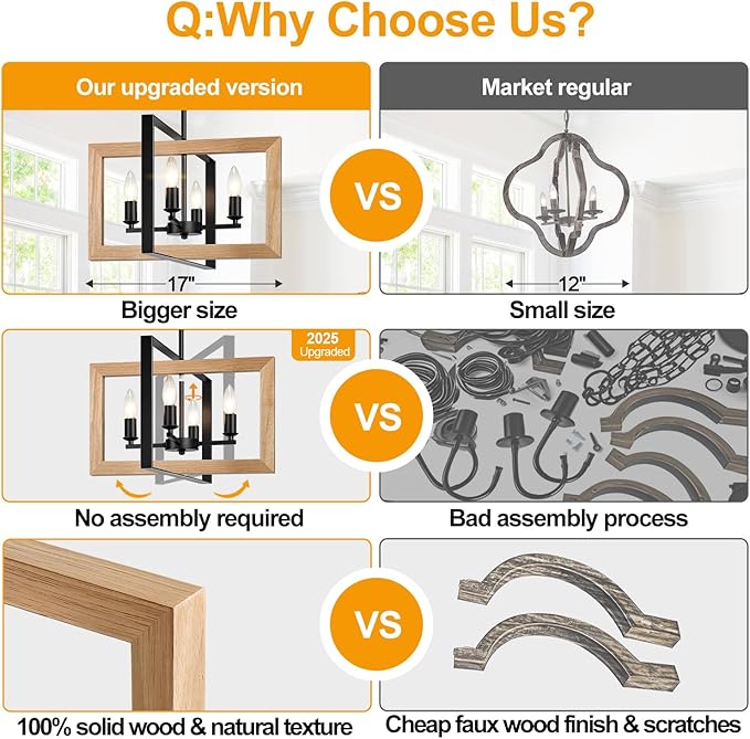 17" Farmhouse Natural Wood Chandelier, (4-Light, 17-Inch), Rustic Dining Room Light Fixtures Over Table, Adjustable Hanging Light Fixture for Kitchen, Living Room, Foyer, Entryway