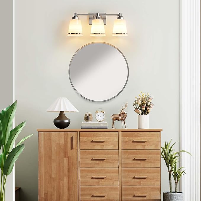 Brushed Nickel Bathroom Vanity Light Fixture, 3 Light Bathroom Light Fixtures Over Mirror with Milky Glass, Hardwired Modern Vanity Light for Bathroom(Exclude E26 Bulb)