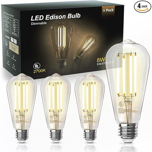 TJOY Edison Light Bulbs 60W Equivalent, Dimmable Vintage LED Light Bulbs, E26 Medium Base, Warm White 2700K, ST58, 8W, 800LM, 80+ CRI, Antique Decorative LED Filament, Clear Glass, 4 Pack