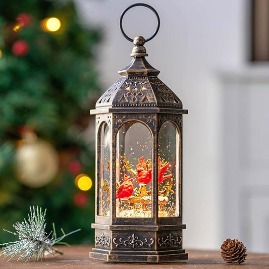 Christmas Snow Globe Lantern Water Glittering 10.5'' Cardinal with Music& Timer, USB Lined/Battery Operated Lighted Lantern for Christmas Festival Decoration Gifts