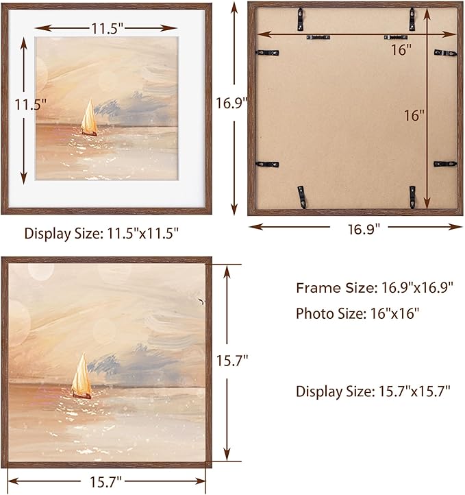 16x16 Picture Frames for Wall, Oak Wood 16"x16" Photo Frame, Square 16 x 16 Frame Matted to 12 x 12 - Tempered Real Glass, Rustic 16x16 Wood Frames (Walnut Color, 3 Pack)