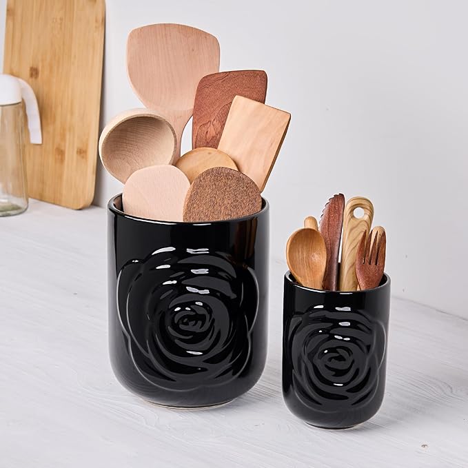 Black Ceramic Utensil Holder Set of 2 - Rose Carved Design, Kitchen Countertop Utensil Organizer for Spatula, Spoon & Cooking Tools, Large (7.5") & Small (5.5"), Farmhouse Kitchen Counter Decor
