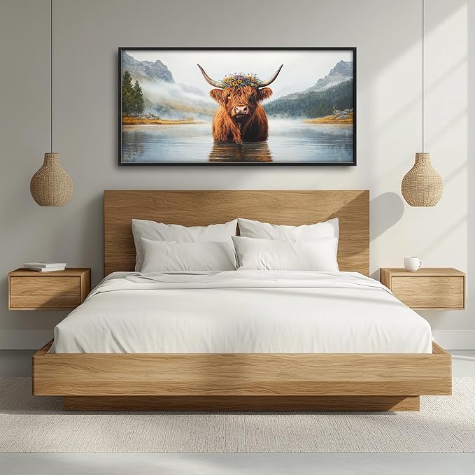 Framed Large Wall Art for Living Room, Highland Cow Canvas Wall Decor, Large Mountain Animal Pictures Framed Painting, Natural Landscape Artwork for Bedroom Office Home Decor 60L'' × 30W''