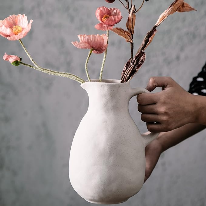 Kimdio Ceramic Vase with Handle, Modern Farmhouse Pitcher Vase for Home Decor, Rustic Pottery Vase, Decorative Flower Vase, Clay Vase, Centerpieces for Living Room