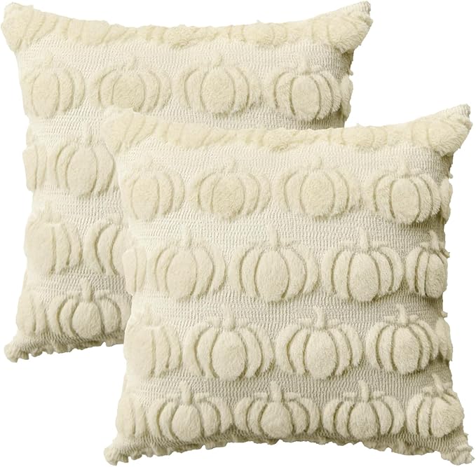 AVOIN colorlife Fall Pumpkin Beige Throw Pillow Covers, 20 x 20 Inch Seasonal Autumn Thanksgiving Harvest Decoration Soft Plush Faux Fur Jacquard Cushion Case Decoration for Sofa Couch Set of 2