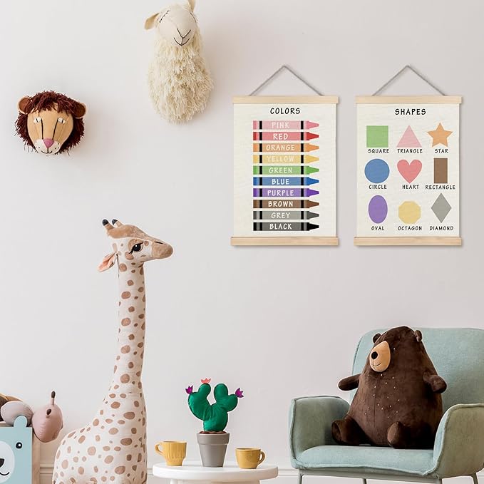 Supwhd Shapes Colors Posters for Classroom Wall, Shapes Colors Learning Poster Hanger Frame Wall Decor for Classroom Nursery Kids Room Playroom Preschool Decor, 12x16 Set of 2