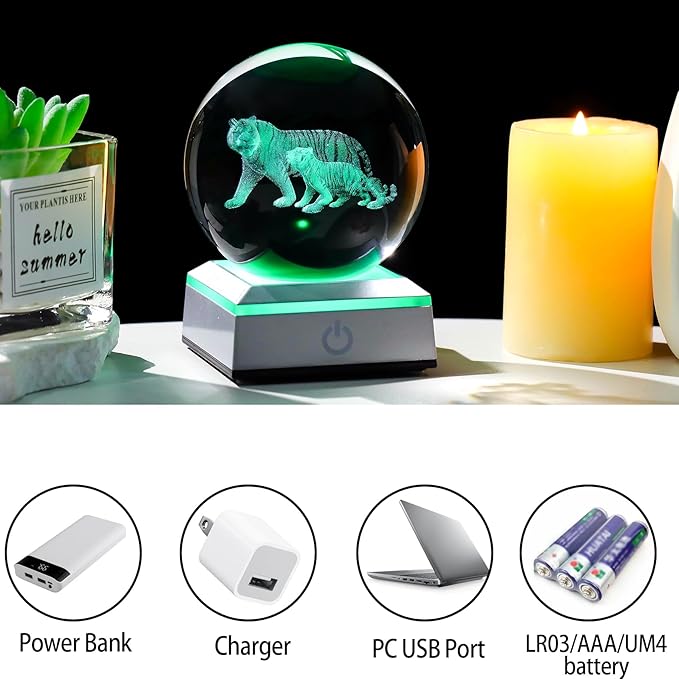 Ornalrist 3D Tiger's Crystal Ball with LED Light Base 3.15in - Tiger Gifts for Women, Mom on Mother's Day from Son, Daughter - 3D Crystal Ball Lamp Engraved Tiger Mother & Child Figurine Home Decor