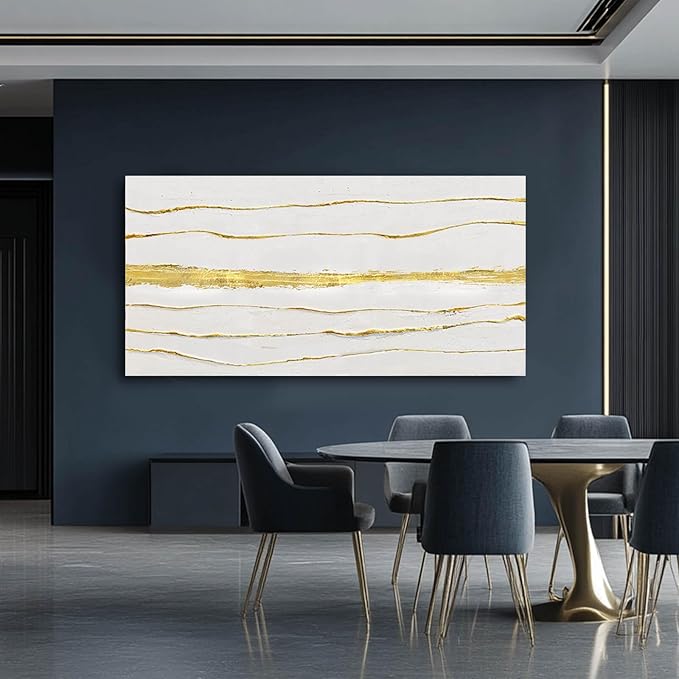 White Canvas Wall Art Abstract Line Prints Living Room Wall Decorations Gold Foil Painting Large Framed Wall Decor for Bedroom Hotel 29x58 Inch