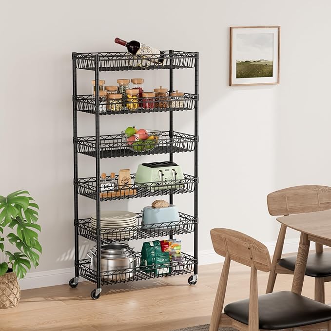 6 Shelves Storage Shelf Wire Closet Bathroom Organizers Metal Pantry Kitchen Garage Shelving Unit Laundry Room Organization Home Rack Net Basket Black with Wheels 30" Dx14 Wx65 H