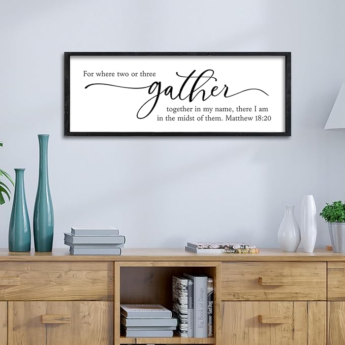 Surfapans For Where Two Or Three Gather Sign Wall Art Decor 32"X12" Dining Room cripture Matthew 18 20 Bible Verse Large Wood Framed Hanging (Black)