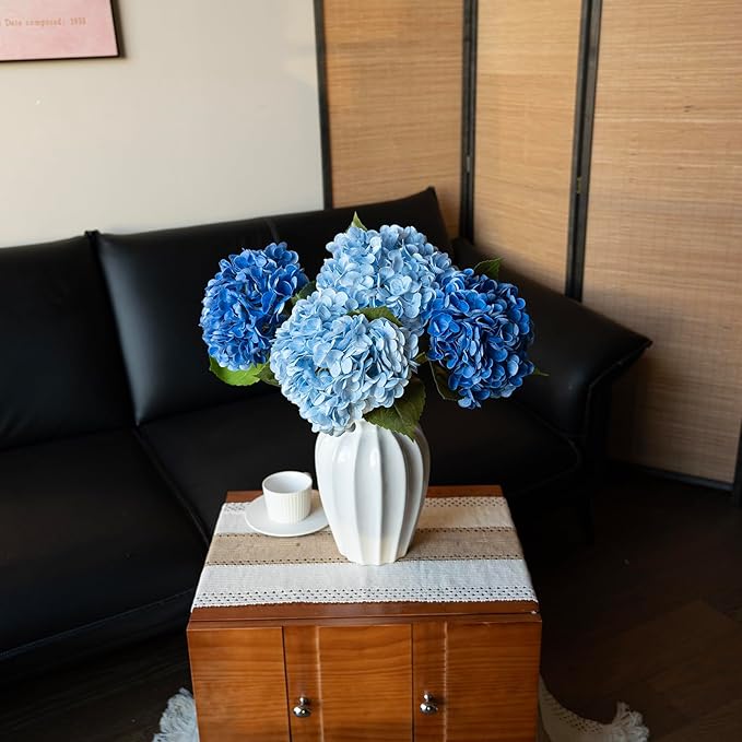 4Pcs 22 inch Lifelike Artificial Hydrangea, 2 Blue & 2 Dark Blue Large Real Touch Flowers Artificial Flowers Dry Flowers Outdoor Wedding Christmas Office Family Party Living Room Table Deco