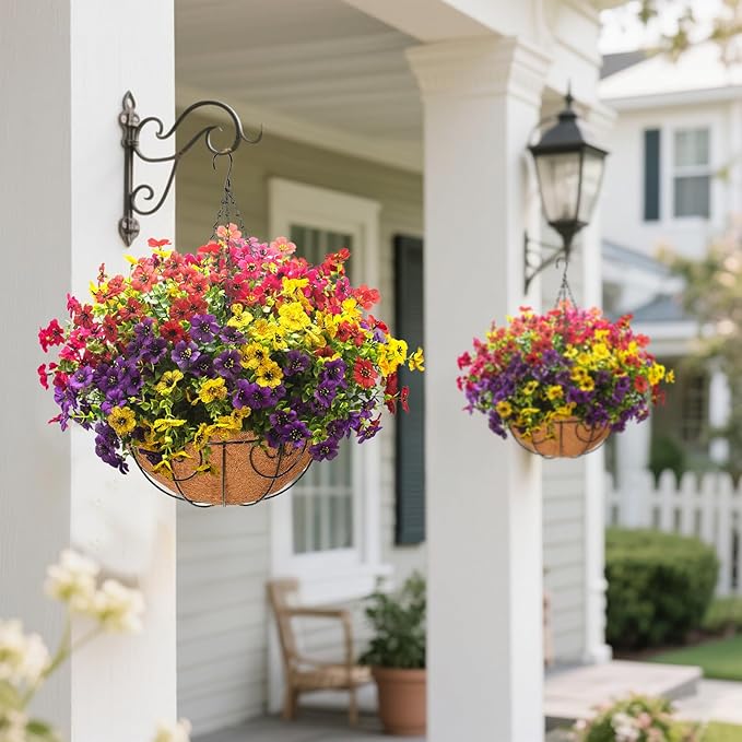 Artificial Hanging Flowers Basket with Colorful Silk Daisies & Eucalyptus - UV/Sun-Resistant Plant for Outdoor Porch, Patio, Balcony - Indoor/Outdoor Home Decor