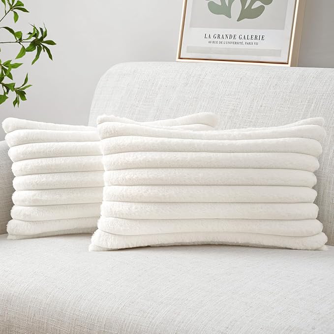 MIULEE Faux Fur Lumbar Decorative Throw Pillow Covers 12x20 Inch Set of 2, Modern Spring Home Decor Soft Plush Couch Pillows Cozy Fluffy Cushion Covers for Sofa Bed White