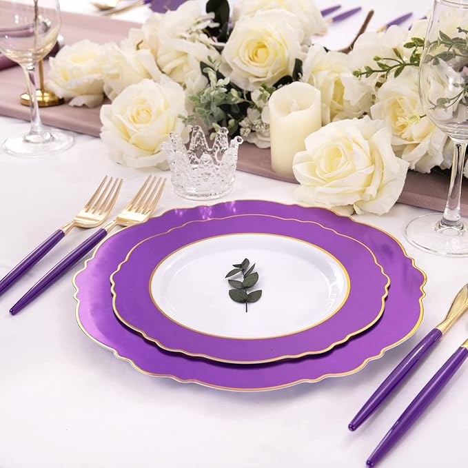 WDF 30Guest Purple Plastic Plates with Gold Rim & Disposable Gold Plastic Silverware With Purple Handle - Baroque Party Plates Mardi Gras Plate for Birthday Parties