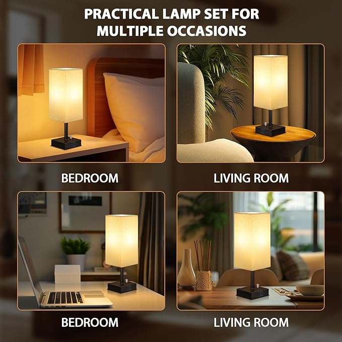 Fully Dimmable Nightstand Lamps Set of 2 - Table Bedside Lamp with USB C+A Charging Ports & 2 AC Outlets, Square Lamp Sets Linen Fabric Shade for Bedroom Living Room(Bulb Included)