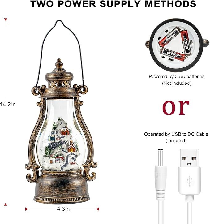 14.2" Christmas Village Buildings Tall Snow Globe Lantern Water Glittering Snowman Family with Music & Timer, USB Lined/Battery Operated Lighted Lantern for Christmas Festival Decoration Gifts