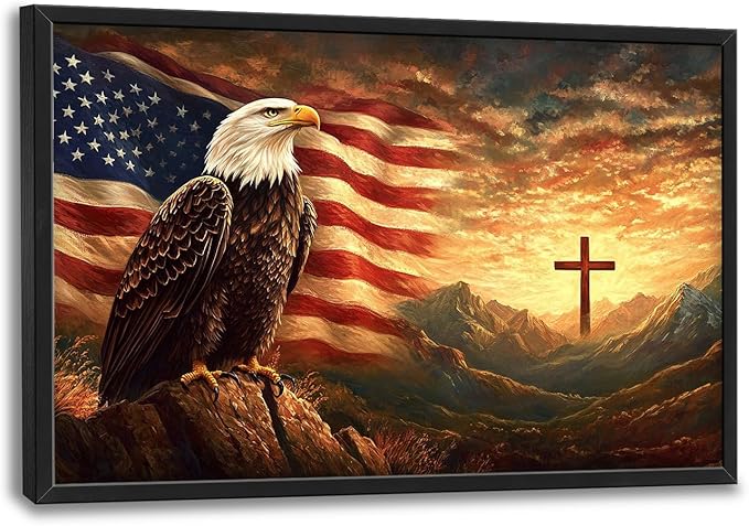 Framed Large Wall Art for Living Room, Bald Eagle American Flag Canvas Wall Decor, Large Christian Cross Picture Framed Painting, Modern Artwork for Bedroom Office 36L'' × 24W''