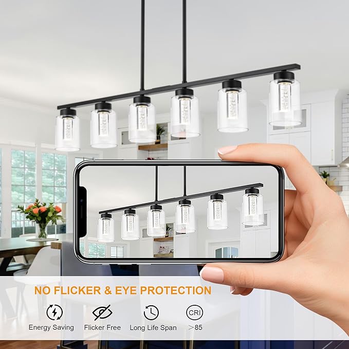 6-Lights 5CCT LED Black Kitchen Island Light LED Integrated Bulbs Included, Modern Linear Pendant Light Fixtures Hanging with Bubble Crystal LED & Clear Glass Shade