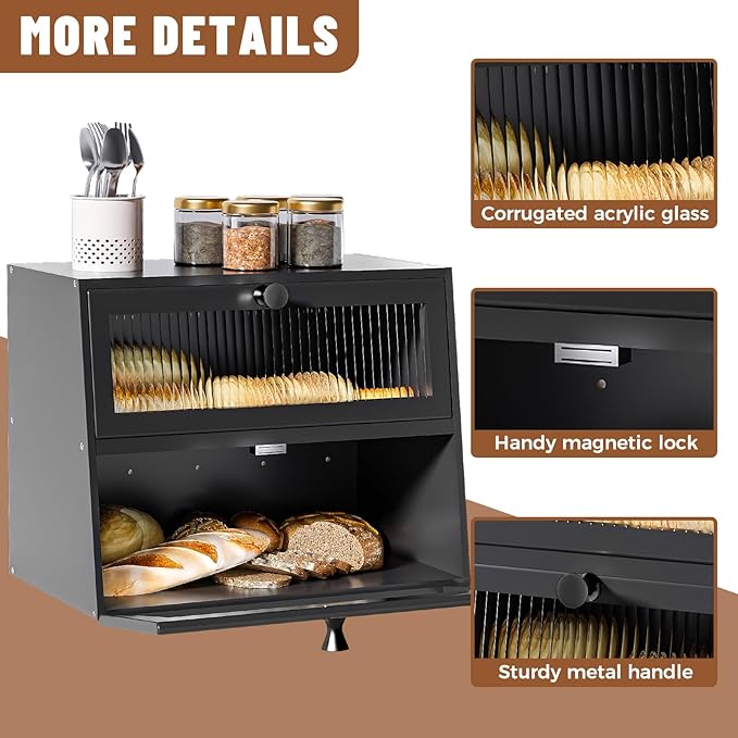Bread Box for Kitchen Countertop,Extra Large 2 Layer Breadbox Wooden Farmhouse Bread Storage Container Bread Bin Bread Holder Food Organizer Pantry Shelf Acrylic Window(Black)