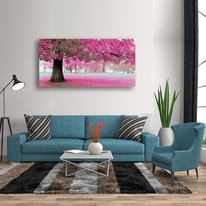 Tree of Life Wall Art Canvas Prints Natural Landscape Pictures Home Decor Pink and Green Paintings for Living Room Bathroom Bedroom Kitchen Decorations 28x57 Wooden Framed Artwork Easy Hanging