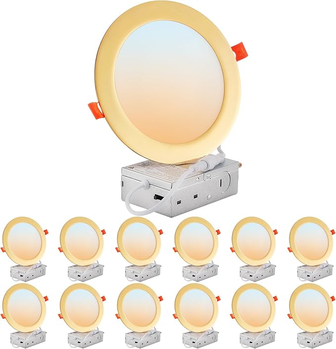 DLLT LED Recessed Ceiling Lights: 12 Pack 6 Inch 5CCT Ultra-Thin Lighting with Junction Box for Bedroom - 1200LM Brightness 12W Eqv 110W Dimmable Canless Wafer Downlight with ETL&FCC-G