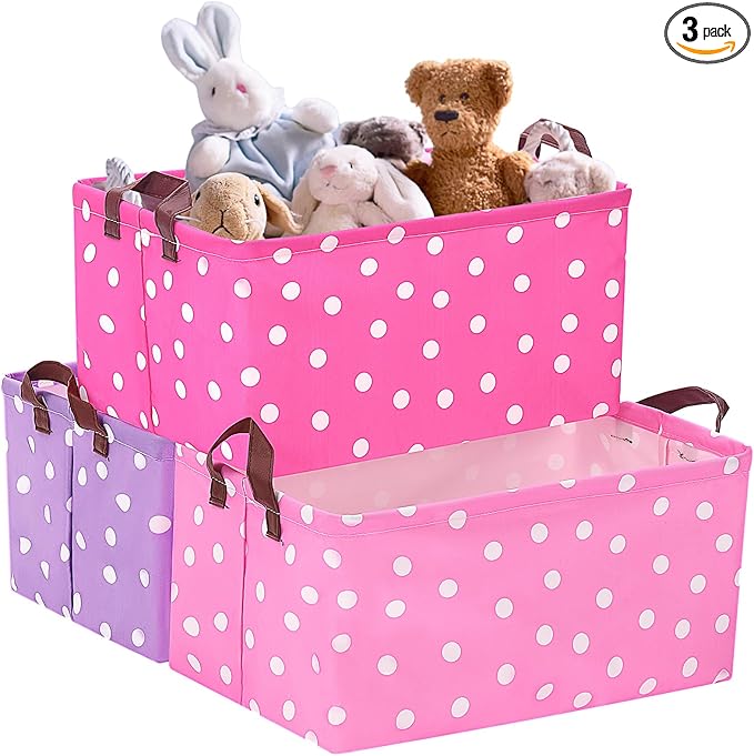 3 Pack Storage Baskets Waterproof Canvas with Leather Handles Storage Bins Basket Organizer Collapsible for Closet Clothes Room Decor(Pink, Rose Red, Light Purple,Dot)