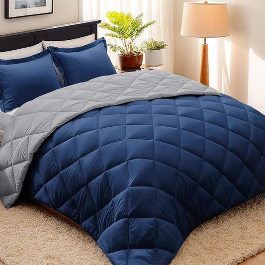 HIG 3pc Navy Queen Size Comforter Set-All Season Reversible Down Alternative Comforter with Two Shams -Quilted Duvet Insert with Corner Tabs - Diamond Stitched Blanket - Breathable, Soft, Fluffy