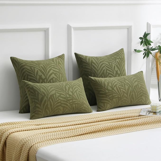 FUTEI Olive Green Decorative Throw Pillow Covers 22x22 Inch Set of 2,Soft Chenille Phoenix Tail Leaf Textured Cushion Case,Modern Home Decor for Couch Bed Living Room