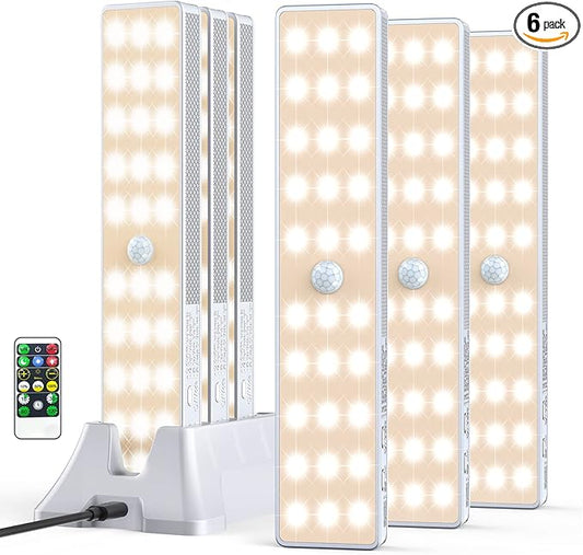 LED Closet Light with Charging Station, 6 Pcs 30LEDs Rechargeable Motion Sensor Under Cabinet Lighting with Remote Control, Wireless Stick-Anywhere Night Safe Light Bar for Wardrobe,Kitchen-Warm White