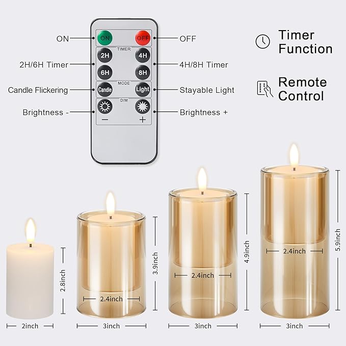 NURADA Flameless Candles with Remote Timer - Glass Real Wax 3D Wick LED Pillar Votive Candle Set Battery Operated Flickering Light for Home Christmas Decoration - Gold 3 Pack