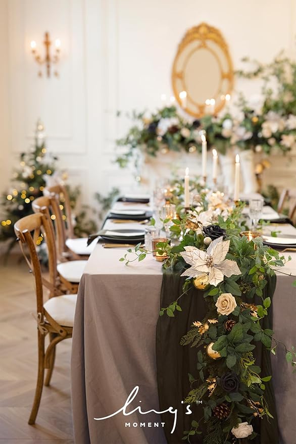 Ling's Moment 14Ft x 35" Wide Olive Moss Green Gauze Semi-Sheer Table Runner Cheesecloth Tablecloth for Wedding Party Bridal Shower Boho Table Decor Moss Green