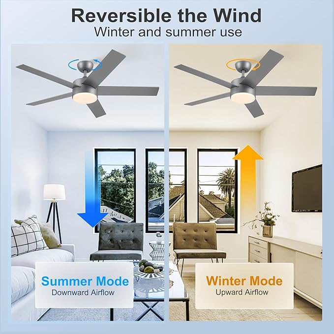 52 inch Ceiling Fans with Lights and Remote Control Silver, Modern Ceiling Fan Dimmable 3 CCT Temperatures 6-Speed, Quiet LED Ceiling Fan for Bedroom, Living Room