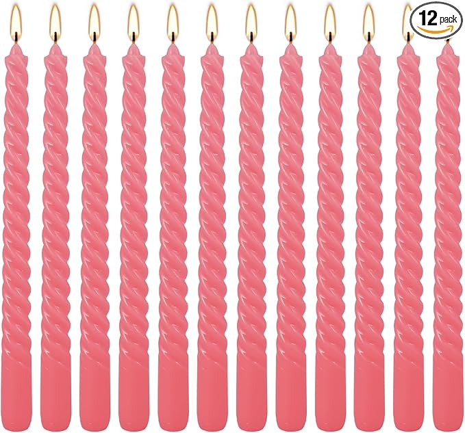 12-Pack Pink Spiral Taper Candles – 10 Inch Elegant Dripless & 10-Hour Burn – Long-Lasting Decorative Candles for Weddings, Birthdays, Parties, Church, Home Decor & Romantic Dinners