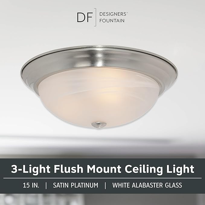 Designers Fountain 15 in Modern 3-Light Flush Mount Ceiling Light, Satin Platinum with Alabaster Glass Shade, 1257L-SP-AL