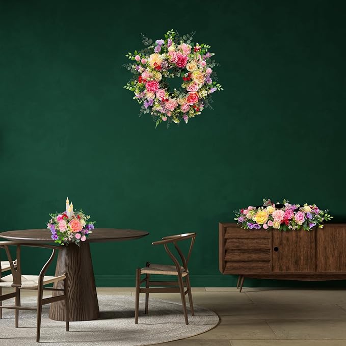 Spring Summer Floral Arrangement Centerpiece for Table with Artificial Peonies Flowers Rose Morning Glory Taper Flameless Candles for Dining Room Wedding All Season