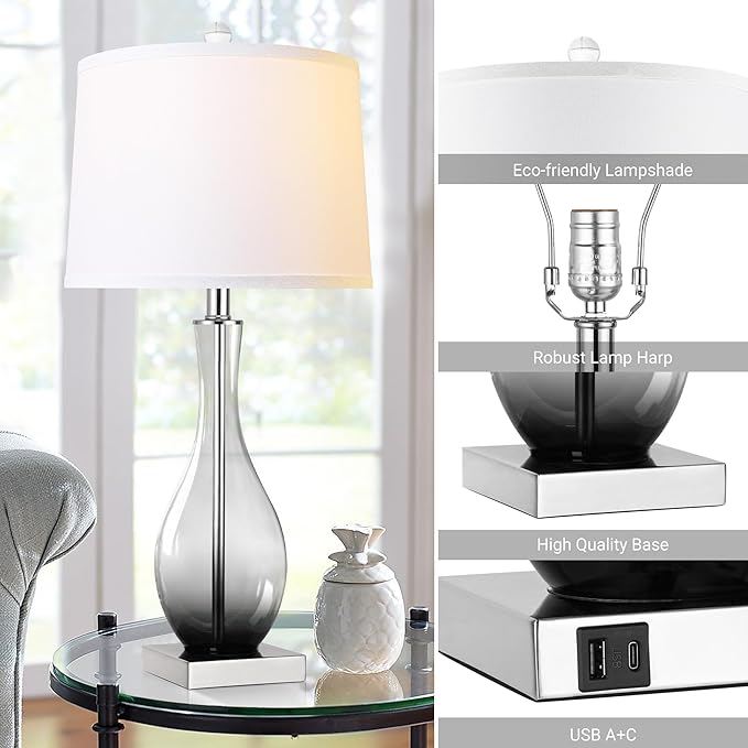 Table Lamps Set of 2 with Touch Control, 3-Way Dimmable Modern Glass Table lamp for Living Room with USB C and A Charging Ports， 27" Bedside Desk Lamps for Nightstand Decorations(LED Bulbs Included)