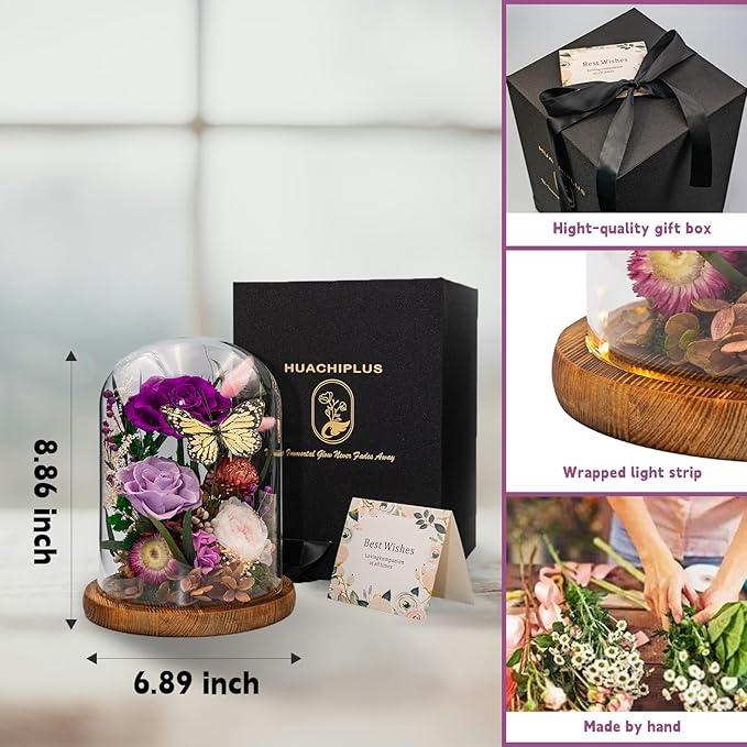 Eternal Flowers with Butterfly: Forever Flowers Gift for Her-Elegant Preserved Flowers in Glass Dome-Romantic Valentines, Anniversary, Mom Gifts for Her-Flowers for Delivery Prime (Purple)