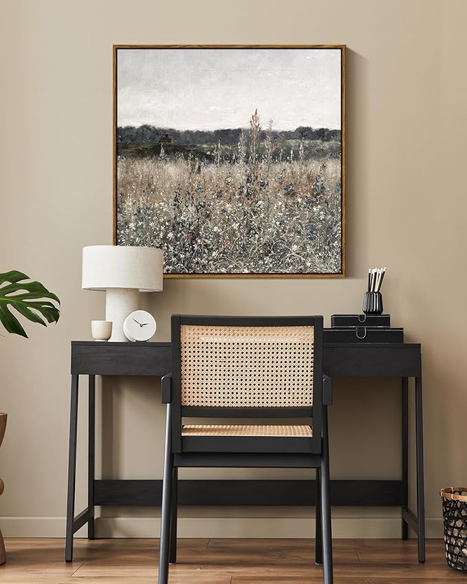 InSimSea Square Framed Canvas Wall Art, Scenery Field Home Decor, Vintage Meadow Flowers Wall Art Prints, Retro Nature Floral Wall Decor for Living Room Bedroom Home Bathroom 24"x24"