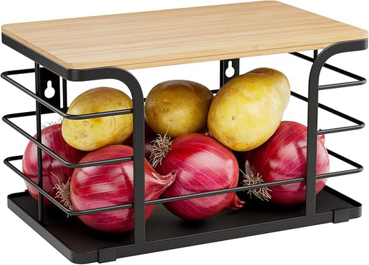 Potato and Onion Storage Bin,Kitchen Organizers Pantry Bin with Bamboo Top for Onion,Potato,Fruits,Vegetable,Produce Storage, Black