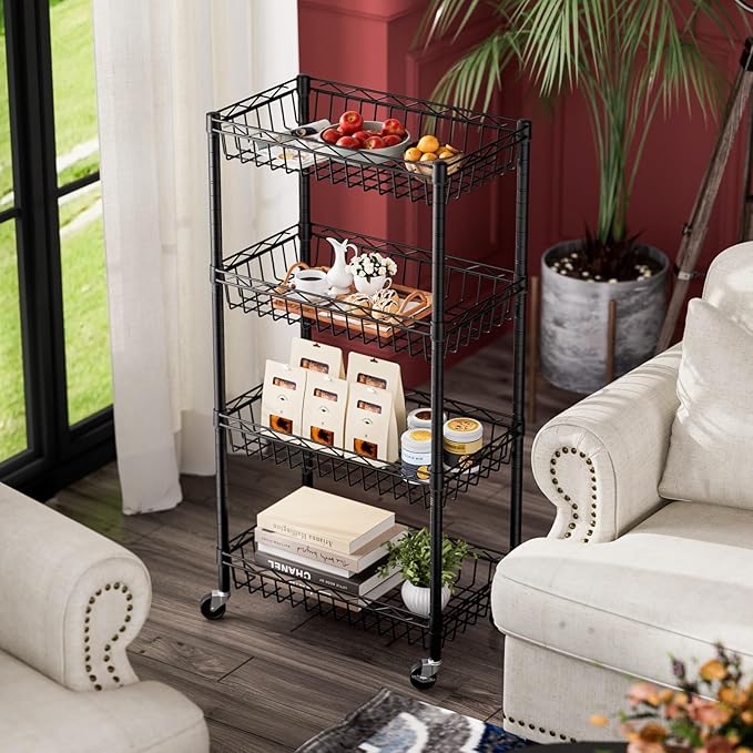 SINGAYE 4 Tier Basket Shelf Wire Shelving Unit Adjustable Storage Shelves Big Basket Rack for Garage Kitchen Office Pantry Corner 17" Dx12 Wx50 H Black