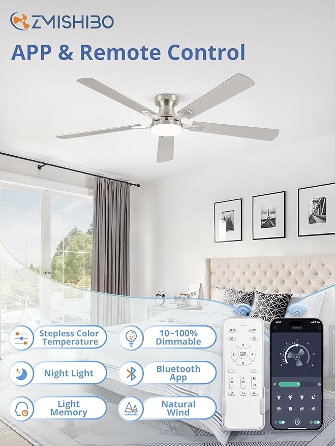 ZMISHIBO 60 Inch Ceiling Fan with Light, App&Remote Control, Flush Mount Low Profile, Dimmable 20W LED Light, Quiet Reversible Motor for Bedroom, Living Room, Apartment, Nickel