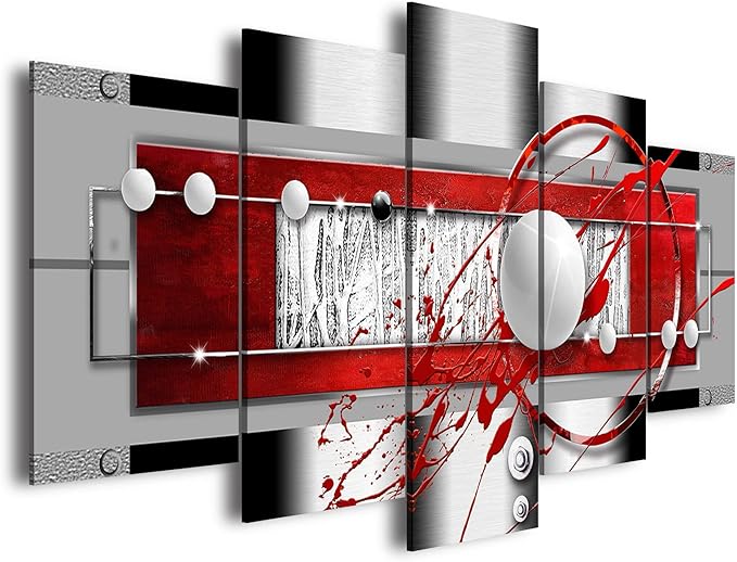AWLXPHY Decor Abstract Canvas Wall Art Red Black Grey for Living Room Decor 5 Pieces Framed Painting Modern Simple Circle Round Line HD Print Artworks Giclee(White, W40 x H20)